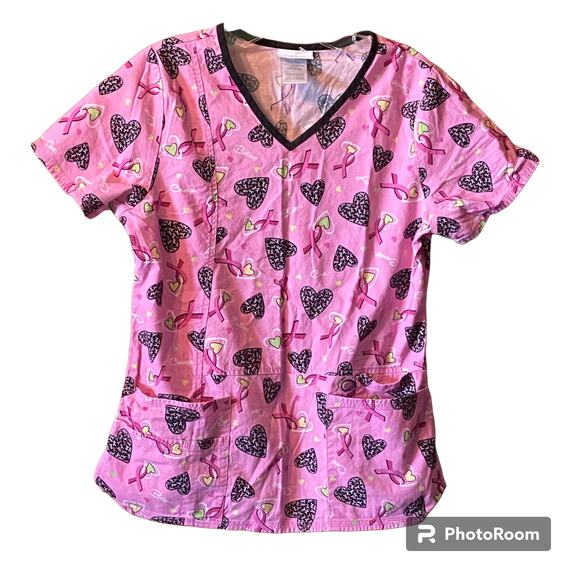 Scrub Star Top X Small Cancer Awareness Pink Ribbon Front Pockets Cap Sleeve - Picture 3 of 8